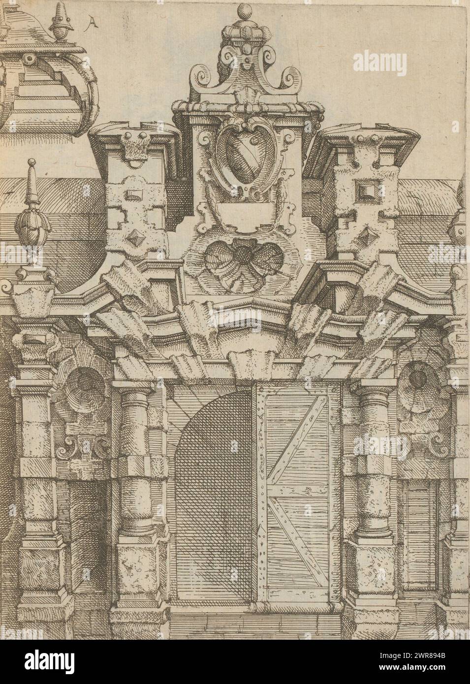 Fenster mit zerbrochenem Giebel, Architectura (Serientitel), nummeriert: 5. Druck ist Teil eines Buches., Druckerei: Wendel Dietterlin (I), Verlag: Bernhard Jobin, Straatsburg (Frankrijk), 1593 - 1595, Papier, Ätzen, Höhe 245 mm x Breite 186 mm Stockfoto