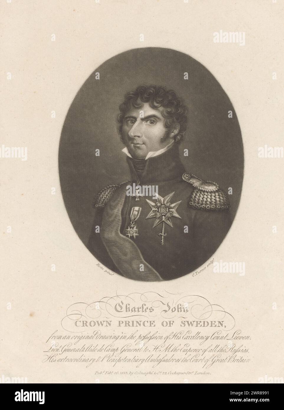 Porträt von Karl XIV. Johannes von Schweden, Charles John Kronprinz von Schweden (Titel über Objekt), Druckerei: Charles Turner, nach Malerei von: Giuseppe Rota, Verlag: Colnaghi & Co, Druckerei: England, Verlag: London, Februar 1813, Papier, Höhe 257 mm x Breite 209 mm, bedruckt Stockfoto