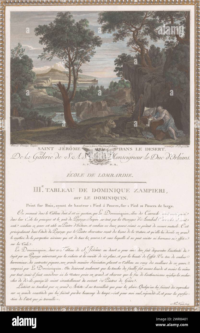 Hieronymus in der Wüste, Saint Jérôme dans le Desert (Titel auf Objekt), Gemälde aus der Sammlung des Herzogs von Orleans (Titel der Serie), La Galerie du Palais Royal (Titel der Serie), Druckerei: Jean Mathieu, Druckerei: Francois Nicolas Barthélemy Dequevauviller, Druckerei: Mademoiselle Niquet, Druckerei: Frankreich, Druckerei: Frankreich, Verlag: Paris, Frankreich, 1786 - 1808, Papier, Ätzen, Gravieren, Höhe 417 mm x Breite 298 mm, Druck Stockfoto