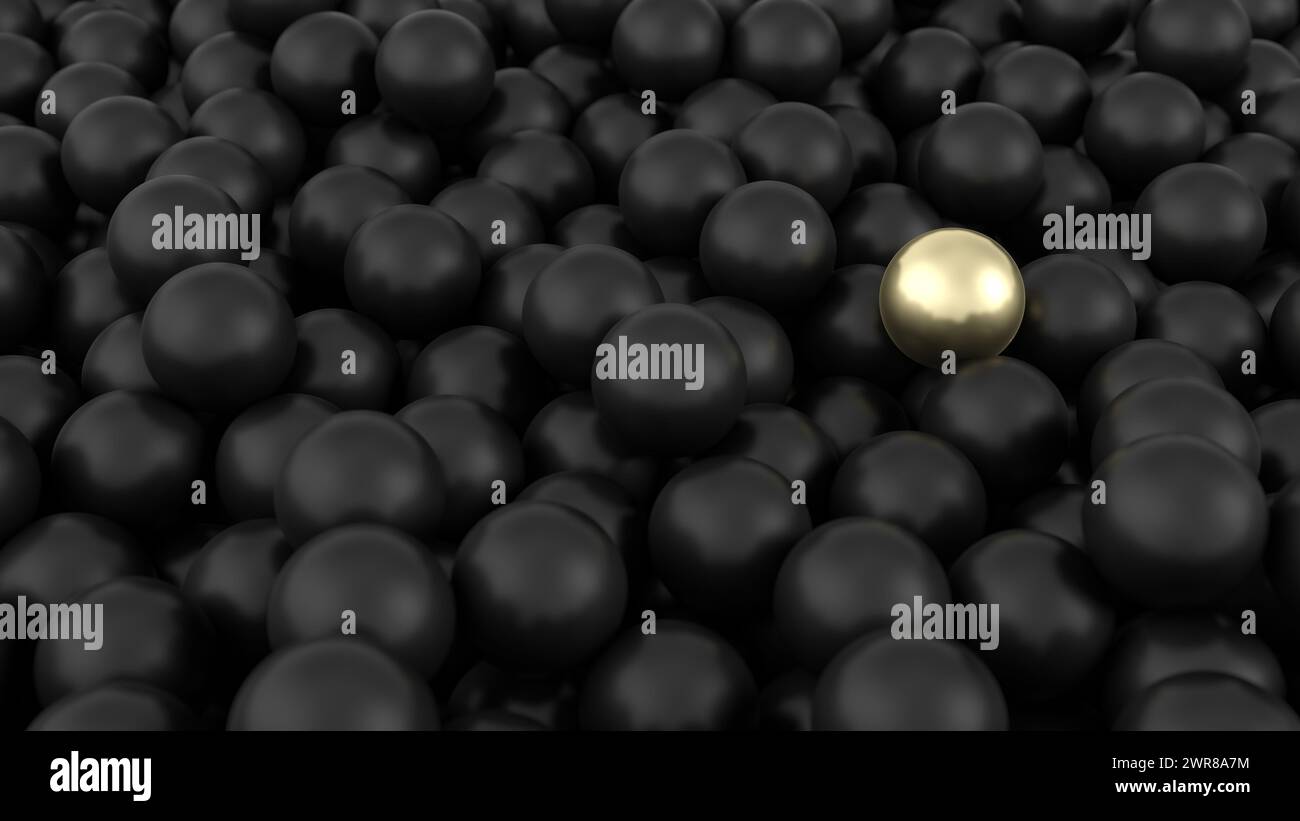 Schwarze Kugeln. Goldene Kugel. 3D-Abbildung. Stockfoto