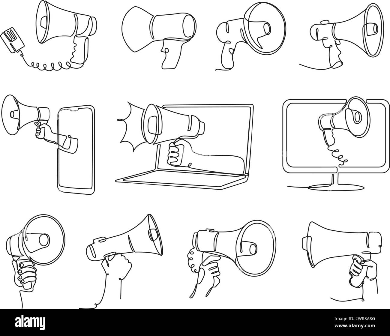 Durchgehend einzeiliges Megaphon. Handlautsprecher für Durchsagen und Werbung, minimalistische handgezeichnete Megaphone Skizzen Vektorillustration Stock Vektor