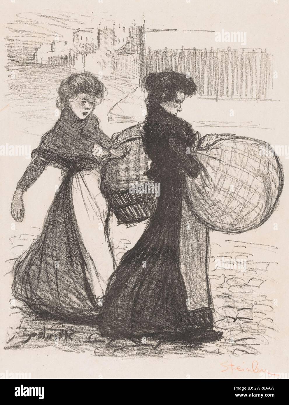 Zwei Waschfrauen auf der Straße, Blanchisseuses, Druckerei: Théophile Alexandre Steinlen (signiert vom Künstler), Drucker: Auguste Clot, Paris, 1896, Papier, Höhe 595 mm x Breite 443 mm, bedruckt Stockfoto