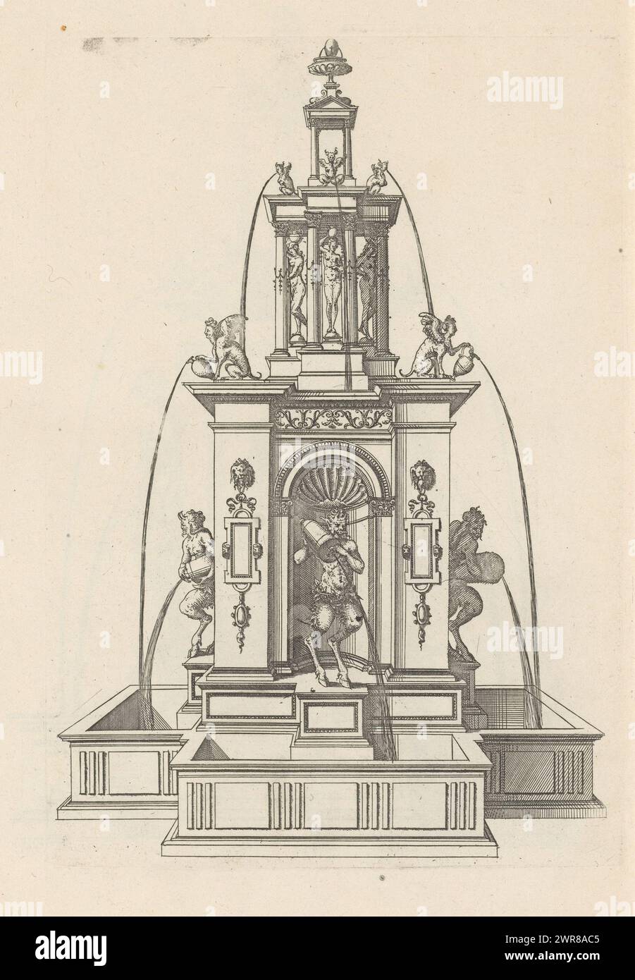 Brunnen, Brunnen mit drei Satyren und andere verschiedene Monster. Teil von Seconde livre d'architectvre (1561): 64 Radierungen mit ornamentierten Architekturteilen., Druckerei: Jacques Androuet, nach eigenem Entwurf von Jacques Androuet, Verlag: Jacques Androuet, Paris, 1561, Papier, Ätzen, Höhe ca. 270 mm x Breite ca. 190 mm, Höhe ca. 410 mm x Breite ca. 275 mm Stockfoto