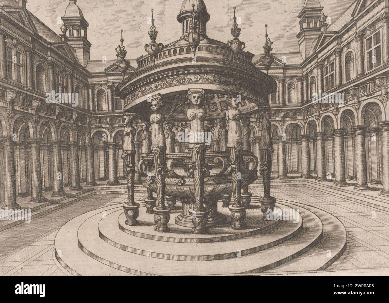 Innenhof mit rundem Brunnen, Artis Perspectivae (...) (Titel der Serie), umgebauter Innenhof mit einem vasenförmigen Brunnen unter einer Kuppel, getragen von weiblichen Hermen., Druckerei: Joannes van Doetechum (I), Druckerei: Lucas van Doetechum, nach Entwurf: Hans Vredeman de Vries, Antwerpen, 1568, Papier, Ätzung, Höhe 173 mm x Breite 246 mm, bedruckt Stockfoto