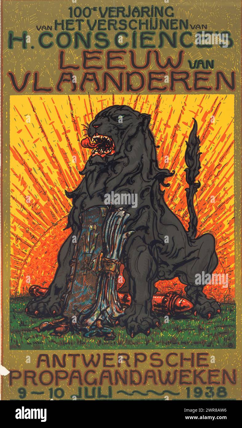 Poster anlässlich des hundertjährigen Bestehens der Veröffentlichung des Löwen von Flandern von Henri Conscience, 100. Jahrestag der Veröffentlichung von H. Conscience's Löwe von Flandern (Titel auf Objekt), Ein stehender Löwe mit offenem Mund und hochgezogenem Schwanz mit einem Buch zwischen den Vorderpfoten. Im Hintergrund die aufgehende Sonne., Druckerei: Anonym, nach Entwurf: Alfred Ost, Drucker: FR. De Smet, Belgien, 1938, Papier, Höhe 990 mm x Breite 610 mm, Druck Stockfoto