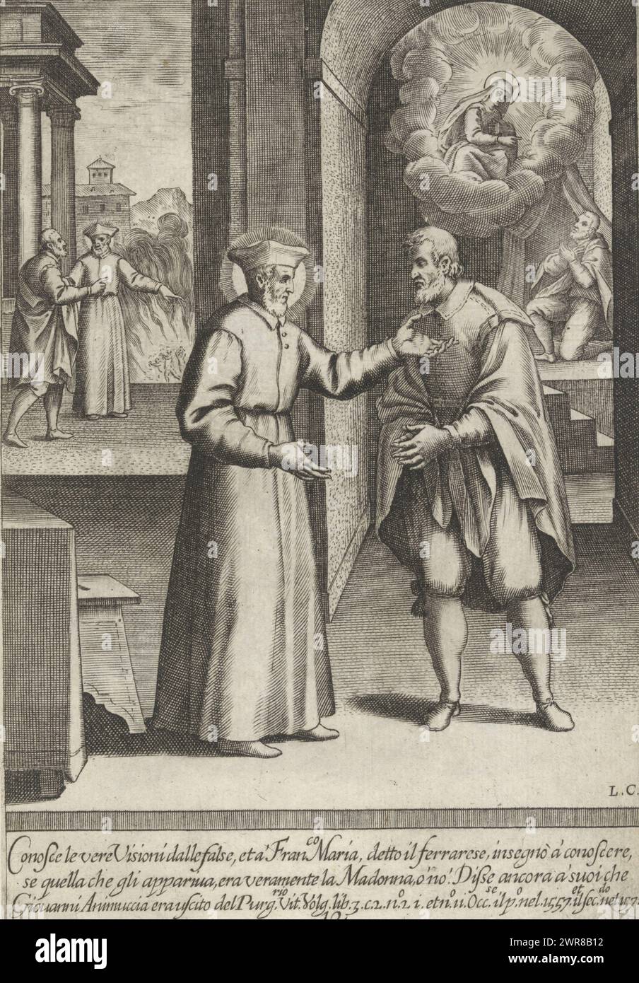 Filippo Neri mit Franco Mara, Life of Saint Filippo Neri (Titel der Serie), unterrichtet Filippo Neri Franco Mara Ferrarese, echte von falschen Erscheinungen zu unterscheiden (1557 und 1572). Drucknr 12 in einer Serie von 44 Drucken mit Szenen aus dem Leben des Heiligen Filippo Neri., Druckerei: Luca Ciamberlano, nach Entwurf: Jacques Stella, Rom, 1630 - 1641, Papier, Gravur, Höhe ca. 228 mm x Breite ca. 150 mm, bedruckt Stockfoto