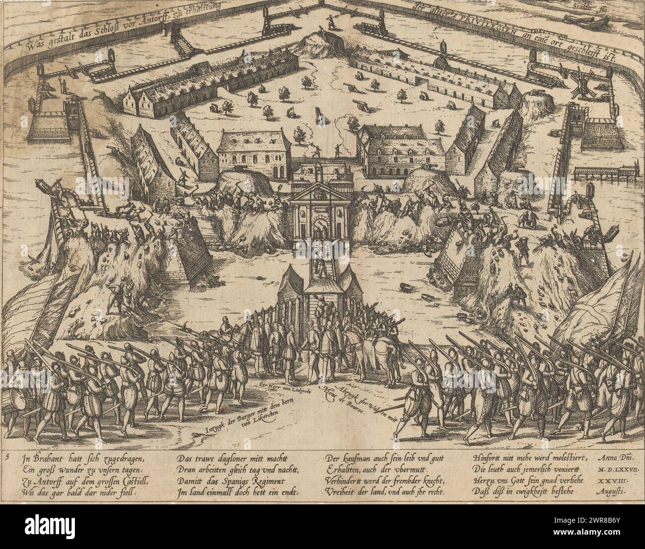 Abriss der Zitadelle Antwerpen, 1577, wurde gestalt das Schloß vor Antorff, zu erhalttung der altter Privilegien an eine[n] ort geschleift ist, Serie 8: Dutch Events, 1577-1583 (Serientitel), Abriss der Zitadelle Antwerpen, 28. August 1577. Unter der Führung von Liedekercke und Bourse wird die Festung von den Einwohnern Antwerpens abgerissen. Die wallonischen Soldaten gehen von vorne rechts. Mit 16 Zeilen auf Deutsch. Unten links nummeriert: 131. Der Ausdruck ist Teil eines Albums. Der Druck ist Teil eines Albums ., Druckerei: Frans Hogenberg, Köln Stockfoto