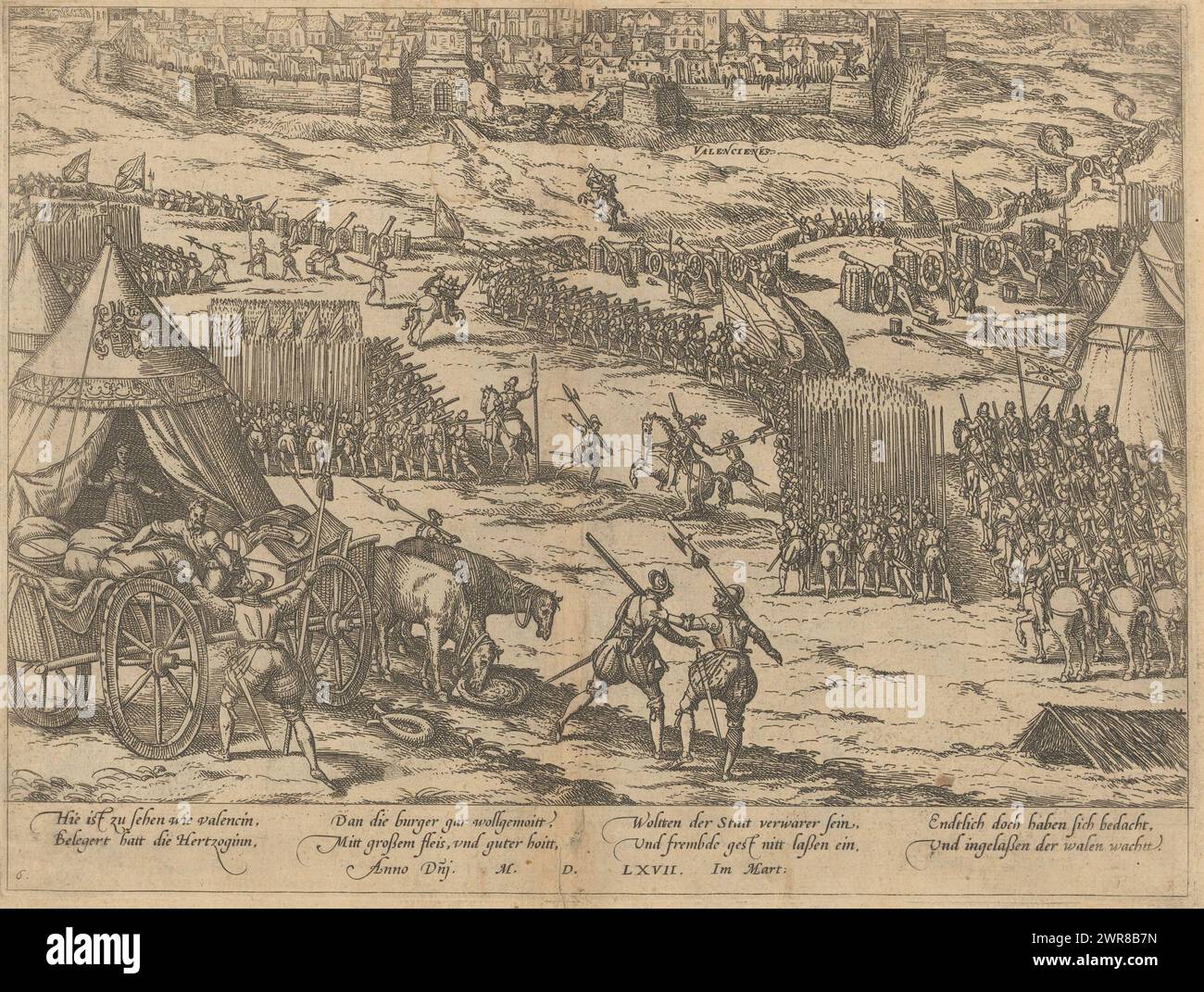 Capture of Valenciennes, 1567, Serie 5: Dutch Events, 1566-1570 (Titel der Serie), Capture of Valenciennes. Die Stadt wird von den Calvinisten vom Lord von Noircarmes im März 1567 zurückerobert. Blick auf die Stadt vom Armeelager Noircarmes. Mit einer Unterschrift von 8 Zeilen auf Deutsch. Nummeriert: 6. Der Druck ist Teil eines Albums., Druckerei: Frans Hogenberg, Köln, 1567 - 1570, Papier, Ätzen, Höhe 211 mm x Breite 280 mm, bedruckt Stockfoto