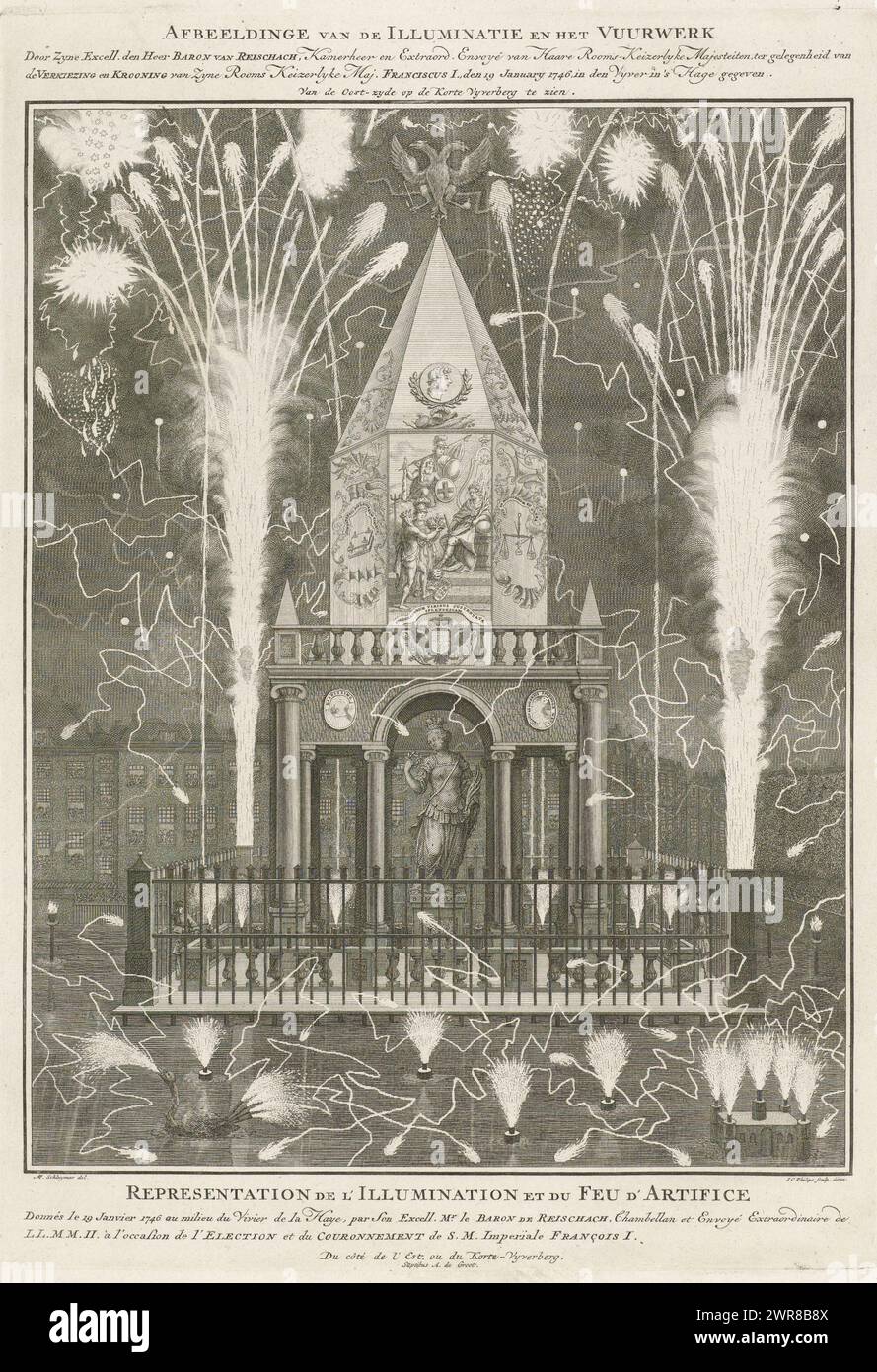 Feuerwerk auf dem Hofvijver zu Ehren der Krönung von Kaiser Franz I. Stefan, 1746, Bild der Beleuchtung und das Feuerwerk von seiner Exzellenz. Der Herr Baron von Reischach (...) Anlässlich der Wahl und Krönung seines römischen Kaisermeisters Franz I. am 19. Januar 1746 im Vyver in den Haag (...) / Darstellung der Beleuchtung und der Kunst am 19. Januar 1746 auf der Umgebung von Vivier de La Haye, Par Son Excel. herr. le Baron de Reischach (...) A l'occassion de l'Election et du Couronnement de S.M . Imperiale Francois I Stockfoto