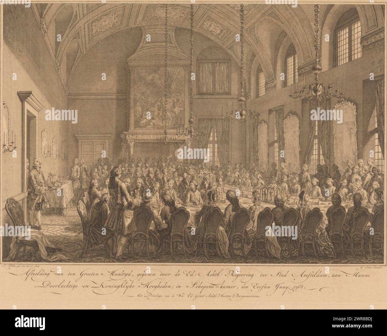 Festmahl in der Stadträterkammer für Wilhelm V. und Wilhelmina von Preußen, 1768, Bild des großen Essens, gegeben von der Ed: Angesehene: Regierung der Stadt Amsteldam, an ihre illustren und königlichen Hoheiten; im Stadträtsaal, der erste Juni 1768 (Titel auf Objekt), Darstellung der fröhlichen Aktivitäten und Zeremonien, die bei der Ankunft und während ihres Aufenthalts stattfanden (...) Willem, Prinz von Orange und Nassau, (...) Und seine Frau Fredrica Sophia Wilhelmina, Prinzessin von Preußen, geschah am Montag, 30. Mai, in Amsterdam. und ein paar Tage danach Stockfoto