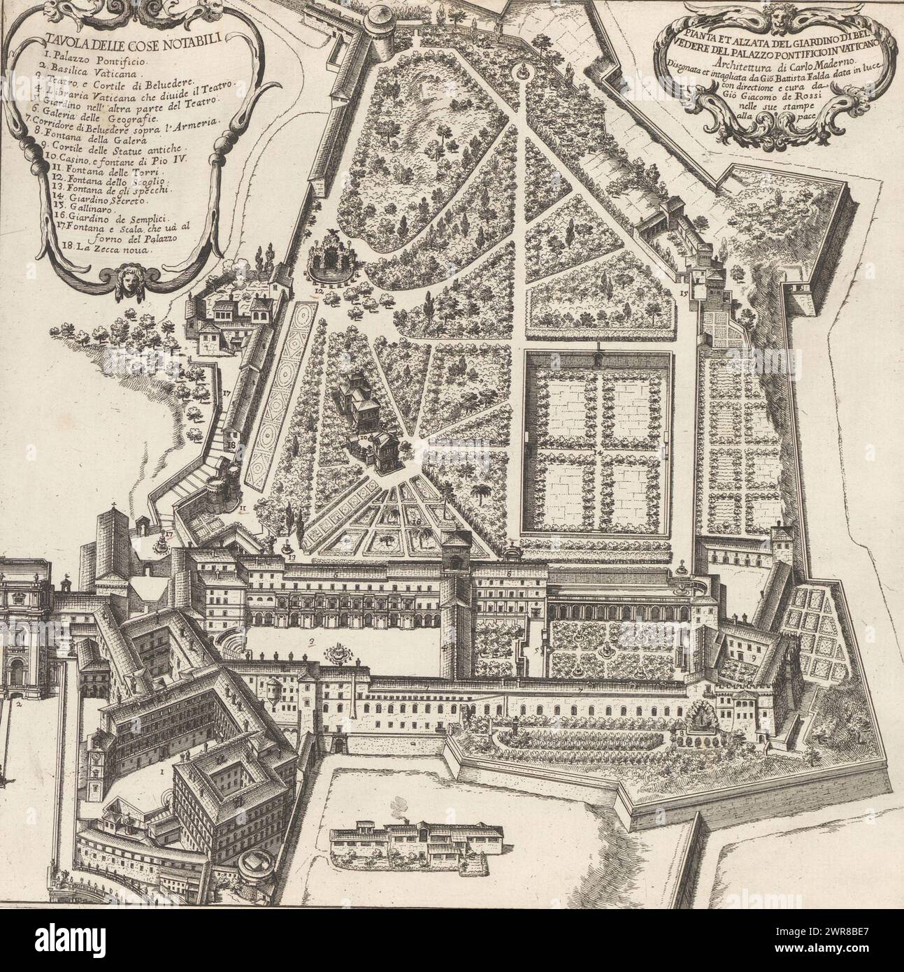 Plan der Vatikanischen Gärten Belvedere, Pianta et alzata del giardino di Belvedere del Palazzo Pontificioin Vaticano (Titel über Objekt), Gärten in Rom (Titel der Serie), Li giardini di Roma con le loro piante alzate e vedute in prospettiva disease e intagliate da Gio. Battista Falda (Titel der Serie), Karte der Vatikanischen Gärten Belvedere. Oben links eine Kartusche mit einer erläuternden Liste von Zahlen. Oben rechts eine Kartusche mit Titel und Text. Druck ist Teil eines Albums., Druckerei: Giovanni Battista Falda, nach Zeichnung von: Giovanni Battista Falda, nach Design von: Carlo Maderno Stockfoto