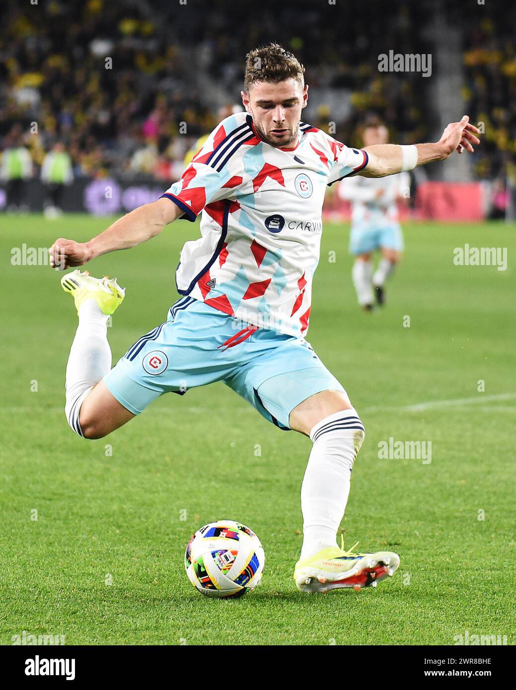 Columbus, Ohio, USA. März 2024. Chicago Fire FC Hugo Cuypers (9) schießt den Ball gegen die Columbus Crew in ihrem Spiel in Columbus, Ohio. Brent Clark/Cal Sport Media/Alamy Live News Stockfoto