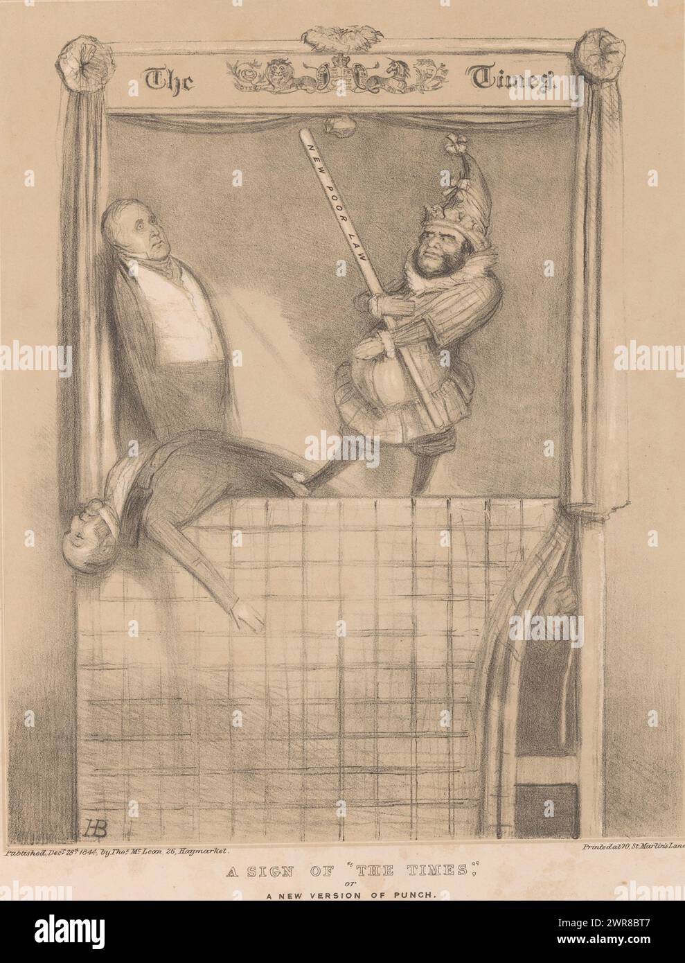 Puppentheater mit William Busfield Ferrand als Punch, Ein Zeichen der „The Times“, oder Eine neue Version von Punch (Titel auf Objekt), HB Sketches (Serientitel auf Objekt), Cartoon von 1844 mit William Busfield Ferrand als Punch mit einem Club in einer Pnch and Judy Show der Zeitung The Times. Veröffentlicht als Nr. 823 in der HB Sketches-Reihe., Druckerei: John Doyle, Druckerei: General Lithographic Establishment, Verlag: Thomas McLean, Druckerei: England, Druckerei: London, Verlag: London, 28-Dez-1844, Papier, Höhe ca. 445 mm x Breite ca. 300 mm, Druck Stockfoto