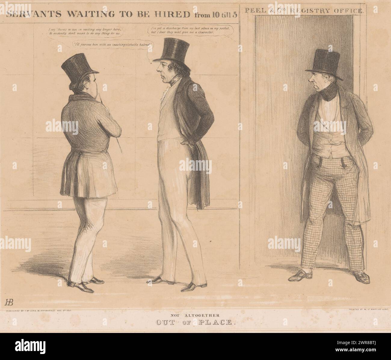 Für Robert Peels Büro, Not ALTENGED Out of Place (Titel über Objekt), HB Sketches (Serie Titel über Objekt), Cartoon on English innenpolitischen 1844, in dem Benjamin Disraeli und ein anderer Mann als Arbeitssuchende warten und hoffen, von Premierminister Robert Peels Büro als Bedienstete eingestellt zu werden. Veröffentlicht als Nr. 814 in der HB Sketches-Reihe., Druckerei: John Doyle, Druckerei: General Lithographic Establishment, Verlag: Thomas McLean, Druckerei: England, Druckerei: London, Verlag: London, August 1844, Papier, Höhe ca. 300 mm x Breite ca. 445 mm Stockfoto