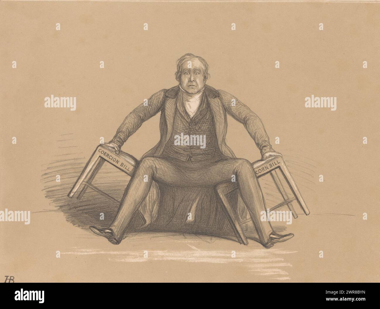 Cartoon mit Robert Peel, der zwischen zwei Stühlen fällt, A Dangerous Situation (Titel auf Objekt), HB Sketches (Titel auf Objekt), Cartoon von 1846, in dem Premierminister Robert Peel zwischen zwei Stühlen fällt. Veröffentlicht als Nr. 862 in der HB Sketches-Reihe., Druckerei: John Doyle, Druckerei: General Lithographic Establishment, Verlag: Thomas McLean, Druckerei: England, Druckerei: London, Verlag: London, 27. April 1846, Papier, Höhe ca. 300 mm x Breite ca. 445 mm, Druck Stockfoto