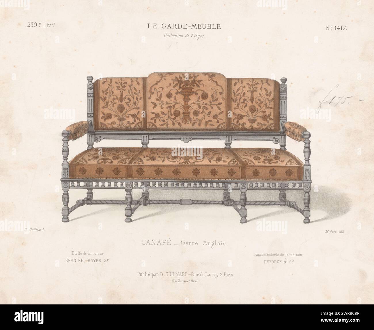 Canapé, Canapé Genre Anglais (Titel auf Objekt), Le Garde-meuble / Collection de Sièges (Titel auf Objekt), Ein Canapé. Druck aus dem 239. Livraison., Druckerei: Midart, Drucker: Becquet, Verlag: Désiré Guilmard, Paris, 1839 - 1885, Papier, Höhe 277 mm x Breite 360 mm, Druck Stockfoto