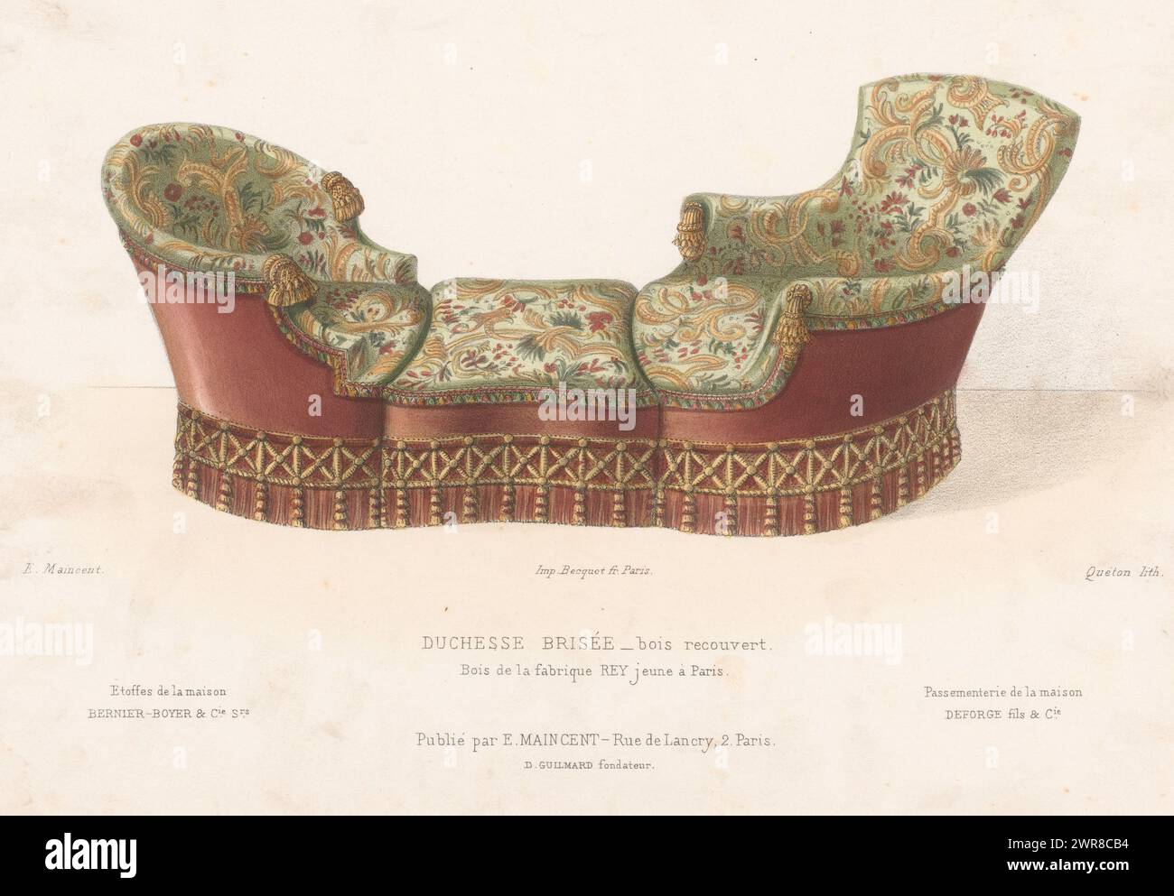 Chaiselongue, Duchesse brisée bois recouvert (Titel über Objekt), Le Garde-meuble / Collection de Sièges (Titel über Objekt), Eine aus drei Teilen bestehende Chaiselongue. Druck aus dem 275. Livraison., Druckerei: Quéton, Drucker: Becquet frères, Verlag: Eugène Maincent, Paris, 1885 - 1895, Papier, Höhe 276 mm x Breite 358 mm, Druck Stockfoto