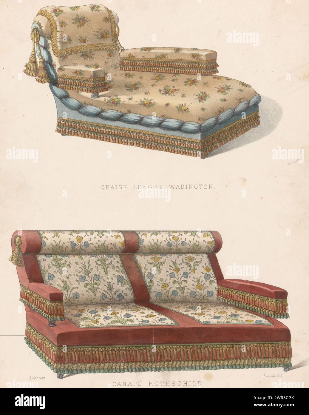 Chaiselongue und Sofa, Chaiselongue Wadington / Canapé Rothschild (Titel auf Objekt), Le Garde-meuble / Collection de Sièges (Serientitel auf Objekt), Chaiselongue und Sofa. Druck aus dem 318. Livraison., Druckerei: Léon Laroche, Drucker: Becquet frères, Verlag: Eugène Maincent, Paris, 1885 - 1895, Papier, Höhe 355 mm x Breite 276 mm, bedruckt Stockfoto