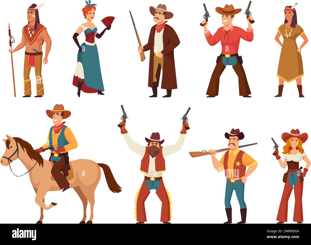 Zeichentrickfiguren des wilden Westens. Klassischer westlicher Cowboy und Cowgirl, indianischer Krieger, Saloon-Tänzer und Sheriff-Vektor-Illustration Set Stock Vektor