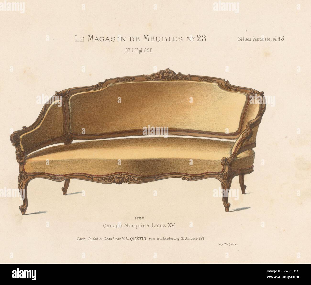 Canapé, Canapé Marquise, Louis XV (Titel über Objekt), Le Magasin de Meubles / Nr. 23 (Titel über Objekt), Ein Canapé im Stil Louis XV. Drucken Sie aus dem 87. Livraison. Oben rechts der Eingang Sièges Fantaisie, pl. 45., Druckerei: Anonym, nach Entwurf: Victor Léon Michel Quétin, Drucker: Victor Léon Michel Quétin, Paris, 1878 - in oder nach 1904, Papier, Höhe 275 mm x Breite 357 mm, Druck Stockfoto