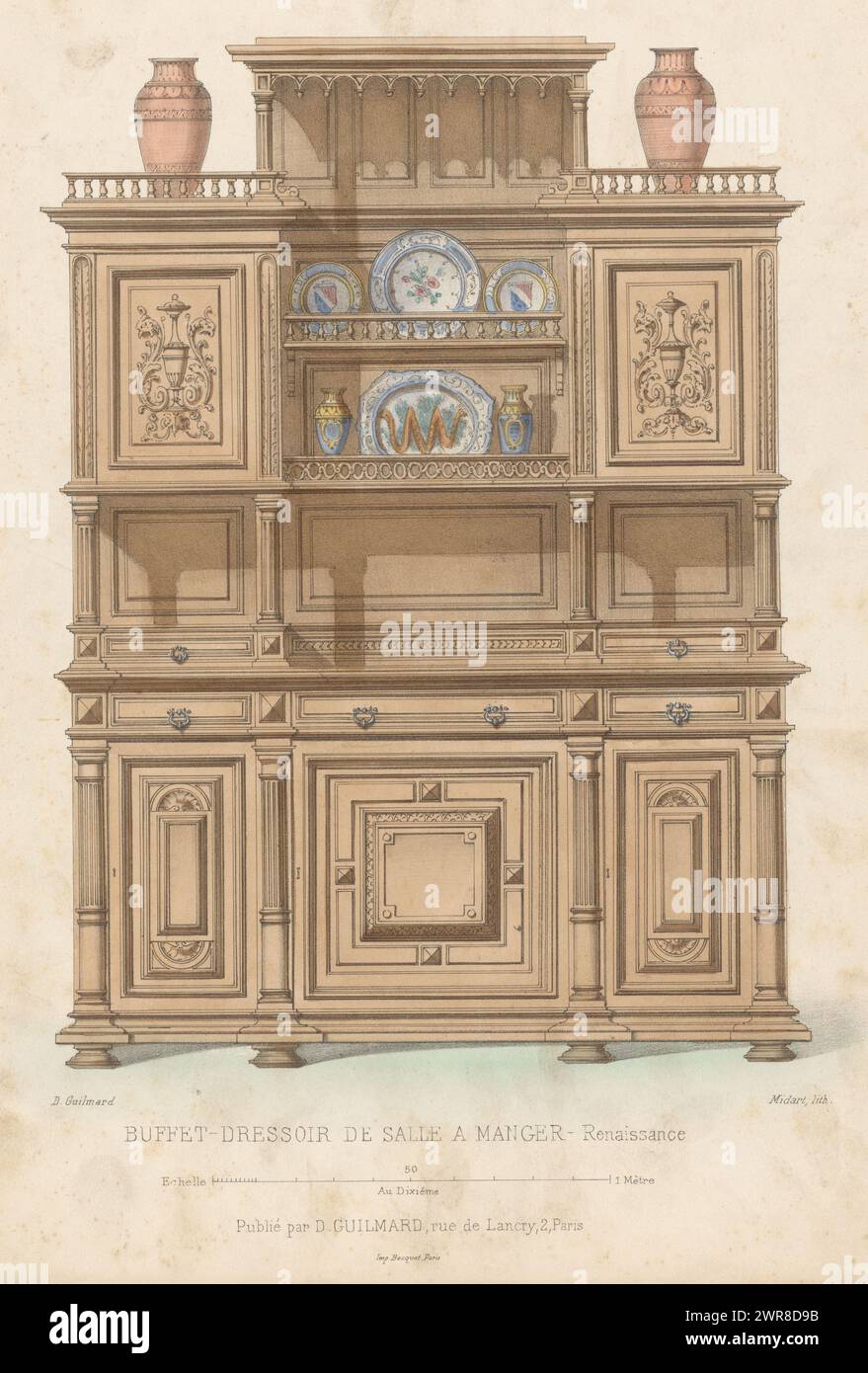 Sideboard, Buffet Sideboard de salle a Krippe Renaissance (Titel auf Objekt), Le Garde-meuble / Collection de Meubles (Serie Titel auf Objekt), Ein Renaissance Sideboard, das für einen Speisesaal bestimmt ist. Druck aus dem 259. Livraison., Druckerei: Midart, Drucker: Becquet, Verlag: Désiré Guilmard, Paris, 1839 - 1885, Papier, Höhe 358 mm x Breite 275 mm, Druck Stockfoto