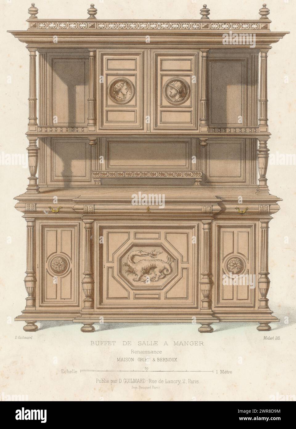 Sideboard, Buffet de salle a Manger Renaissance (Titel auf Objekt), Le Garde-meuble / Collection de Meubles (Serie Titel auf Objekt), Ein Renaissance Sideboard für einen Speisesaal. Druck aus dem 255. Livraison., Druckerei: Midart, Drucker: Becquet, Verlag: Désiré Guilmard, Paris, 1839 - 1885, Papier, Höhe 359 mm x Breite 275 mm, Druck Stockfoto