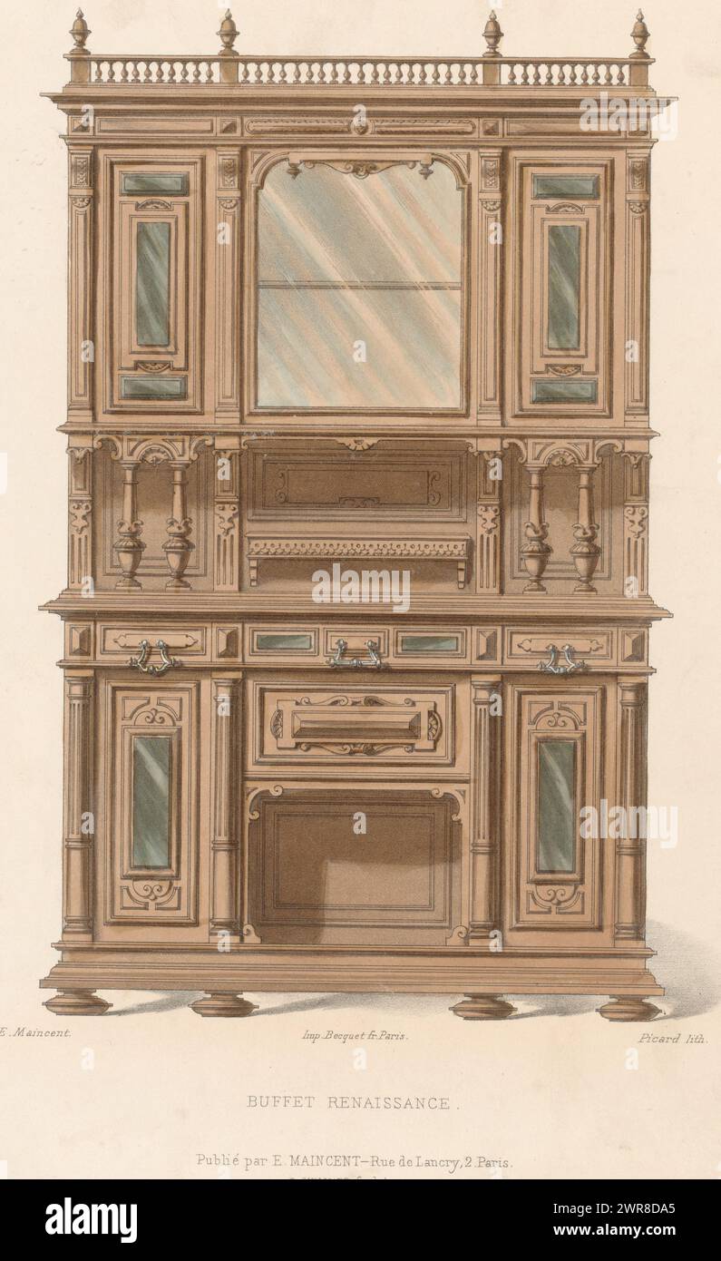 Sideboard, Buffet Renaissance (Titel auf Objekt), Le Garde-meuble / Collection de Meubles (Titel auf Objekt), Ein Renaissance Sideboard. Druck aus dem 277. Livraison., Druckerei: Picard, Drucker: Becquet frères, Verlag: Eugène Maincent, Paris, 1885 - 1895, Papier, Höhe 360 mm x Breite 274 mm, Druck Stockfoto