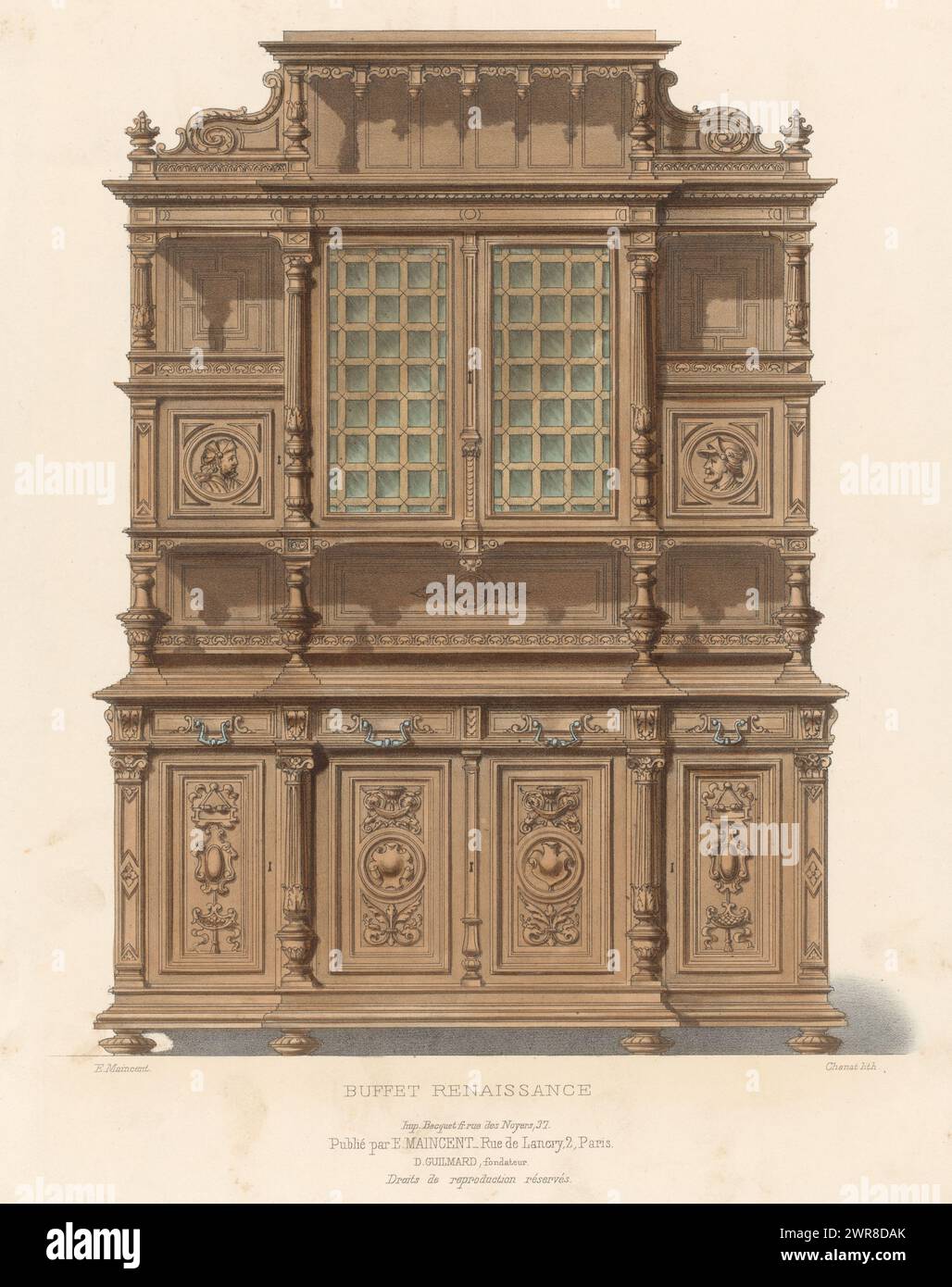 Sideboard, Buffet Renaissance (Titel auf Objekt), Le Garde-meuble / Collection de Meubles (Titel auf Objekt), Ein Renaissance Sideboard. Druck aus dem 293. Livraison., Druckerei: Chanat, Drucker: Becquet frères, Verlag: Eugène Maincent, Paris, 1885 - 1895, Papier, Höhe 357 mm x Breite 275 mm, Druck Stockfoto
