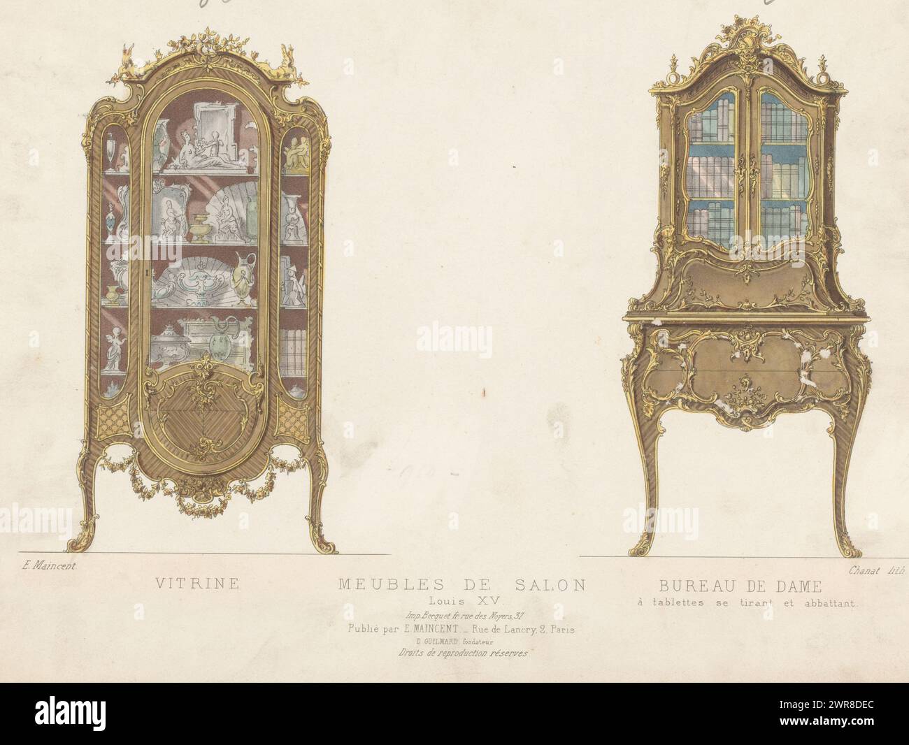 Vitrine und Damenschreibtisch, Meubles de Salon im Louis-Stil. Druck aus dem 309. Livraison., Druckerei: Chanat, Drucker: Becquet frères, Verlag: Eugène Maincent, Paris, 1885 - 1895, Papier, Höhe 275 mm x Breite 358 mm, Druck Stockfoto