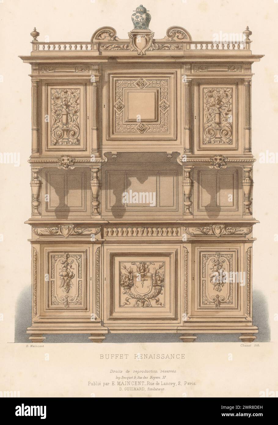 Sideboard, Buffet Renaissance (Titel auf Objekt), Le Garde-meuble / Collection de Meubles (Titel auf Objekt), Ein Renaissance Sideboard. Druck von 317e Livraison., Druckerei: Léon Laroche, Drucker: Becquet frères, Verlag: Eugène Maincent, Paris, 1885 - 1895, Papier, Höhe 357 mm x Breite 273 mm, bedruckt Stockfoto