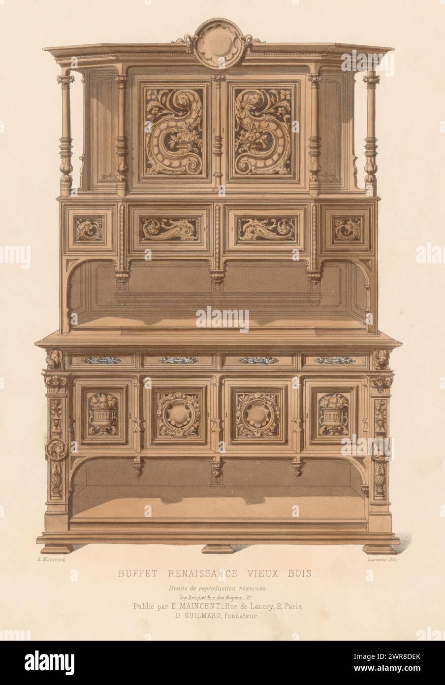 Sideboard, Buffet Renaissance vieux bois (Titel auf Objekt), Le Garde-meuble / Collection de Meubles (Titel auf Objekt), Ein Renaissance-Sideboard. Druck ab 317 Livraison., Druckerei: Léon Laroche, Drucker: Becquet frères, Verlag: Eugène Maincent, Paris, 1885 - 1895, Papier, Höhe 358 mm x Breite 273 mm, bedruckt Stockfoto