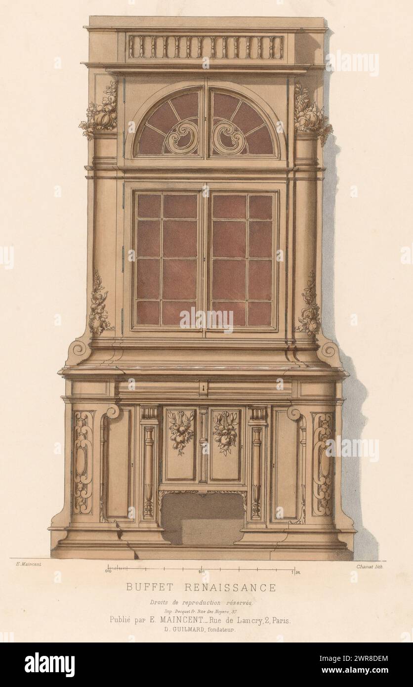Sideboard, Buffet Renaissance (Titel auf Objekt), Le Garde-meuble / Collection de Meubles (Titel auf Objekt), Ein Renaissance Sideboard. Druck von 317e Livraison., Druckerei: Chanat, Drucker: Becquet frères, Verlag: Eugène Maincent, Paris, 1885 - 1895, Papier, Höhe 357 mm x Breite 272 mm, Druck Stockfoto