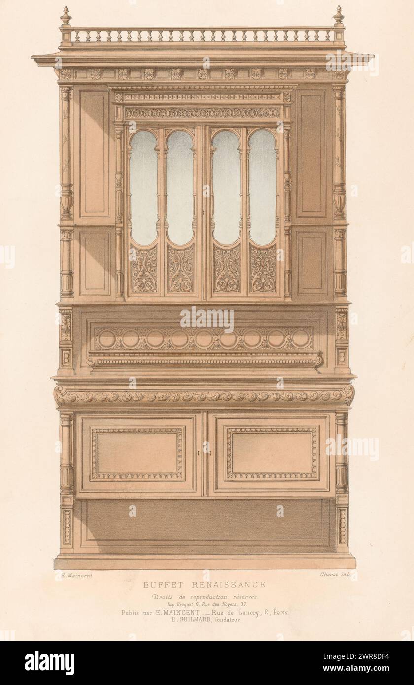 Sideboard, Buffet Renaissance (Titel auf Objekt), Le Garde-meuble / Collection de Meubles (Titel auf Objekt), Ein Renaissance Sideboard. Druck aus dem 328. Livraison., Druckerei: Chanat, Drucker: Becquet frères, Verlag: Eugène Maincent, Paris, 1885 - 1895, Papier, Höhe 357 mm x Breite 275 mm, Druck Stockfoto