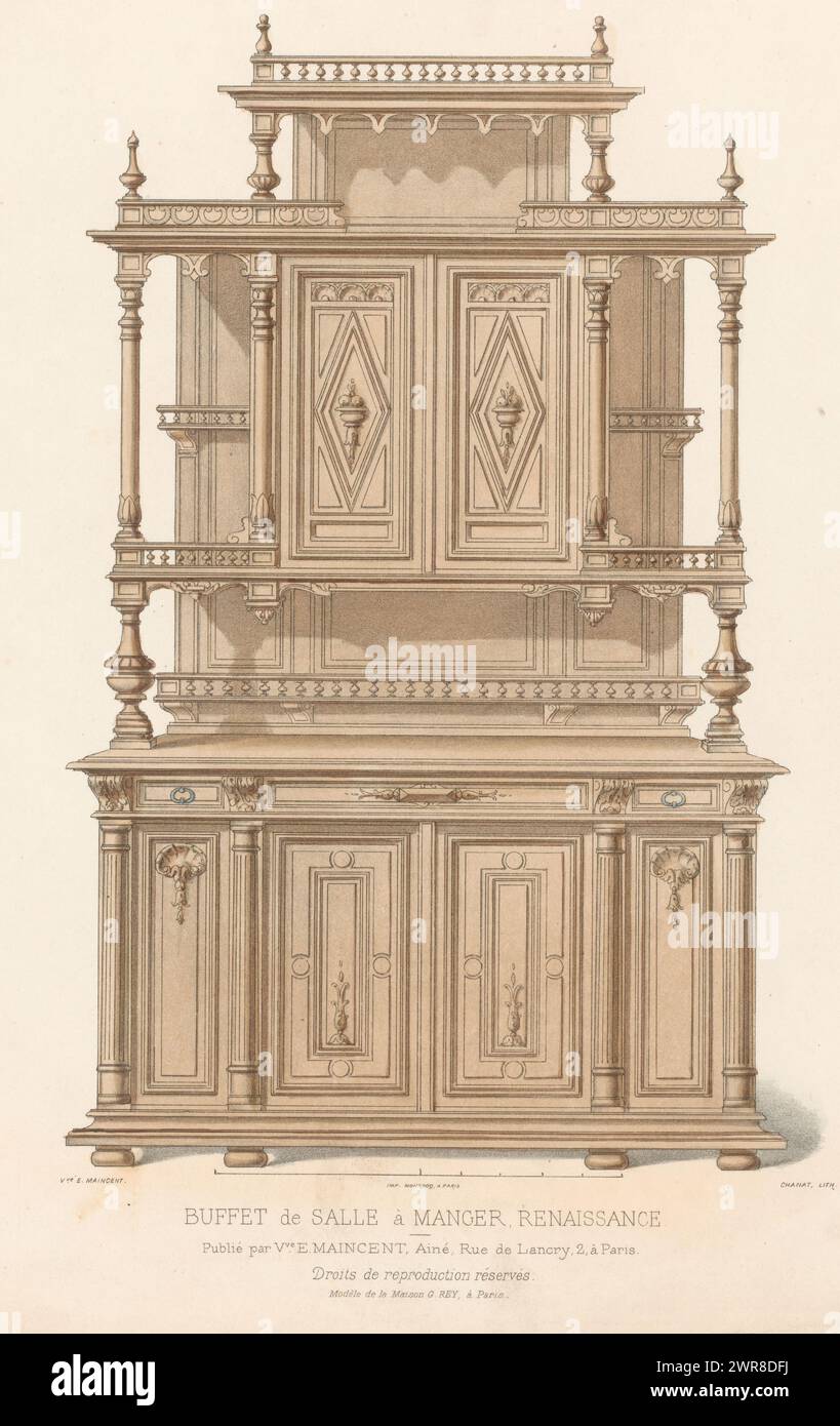 Sideboard, Buffet de salle à Manger, Renaissance (Titel auf Objekt), Le Garde-meuble / Collection de Meubles (Serie Titel auf Objekt), Ein Sideboard aus der Renaissance, das für einen Speisesaal bestimmt ist. Druck aus der 346. Ausgabe (Livraison)., Druckerei: Chanat, Drucker: Monrocq, Verlag: weduwe Eugène Maincent, Paris, 1895 - 1935, Papier, Höhe 359 mm x Breite 279 mm, Druck Stockfoto