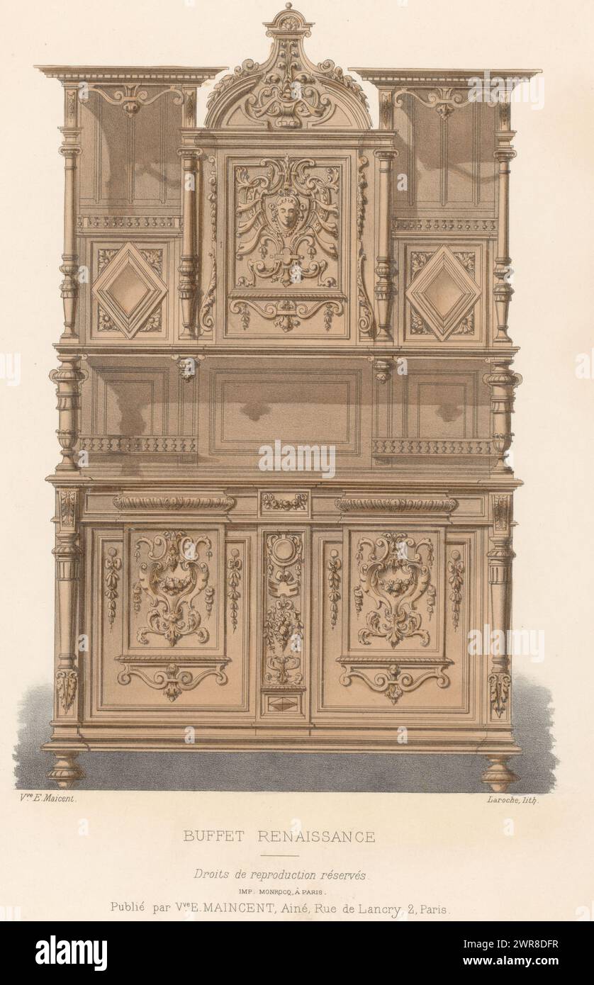 Sideboard, Buffet Renaissance (Titel auf Objekt), Le Garde-meuble / Collection de Meubles (Titel auf Objekt), Ein Renaissance Sideboard. Druck aus der 339. Ausgabe (Livraison)., Druckerei: Léon Laroche, Drucker: Monrocq, Verlag: weduwe Eugène Maincent, Paris, 1895 - 1935, Papier, Höhe 357 mm x Breite 274 mm, Druck Stockfoto