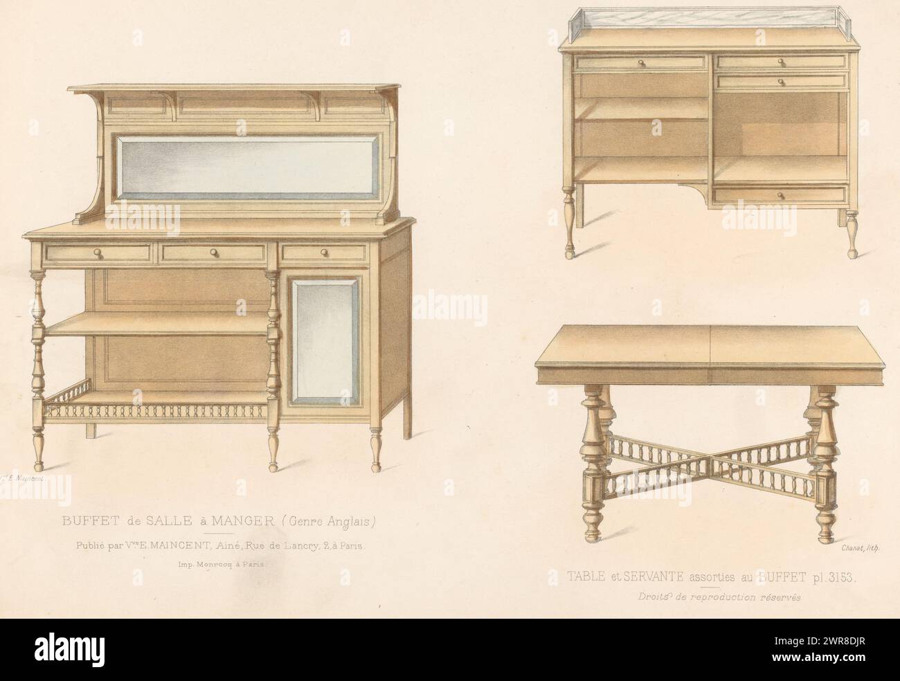 Sideboard, Schrank und Tisch, Buffet de salle à Manger (Genre Anglais) / Table et servante (Titel auf Objekt), L'ameublement / Collection Simple (Serie Titel auf Objekt), Sideboard, niedriger offener Schrank und rechteckiger Tisch, für ein Esszimmer bestimmt. Druck aus 297. Livraison., Druckerei: Chanat, Drucker: Monrocq, Verlag: weduwe Eugène Maincent, Paris, 1895, Papier, Höhe 280 mm x Breite 358 mm, Druck Stockfoto