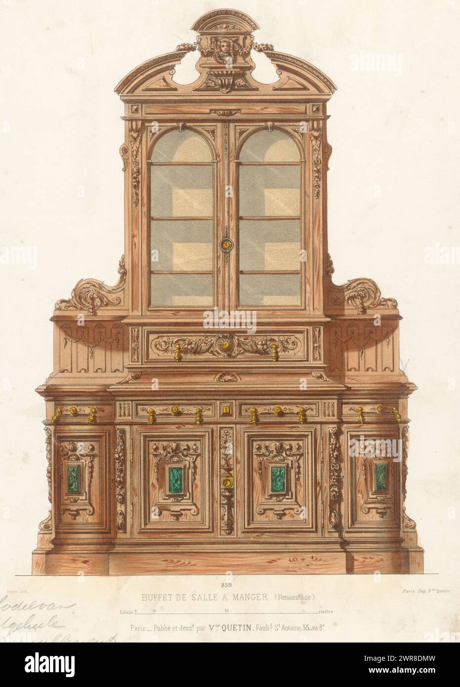 Sideboard, Buffet de salle a Manger (Renaissance) (Titel auf Objekt), Le Magasin de Meubles / Meubles (Serientitel auf Objekt), Ein Renaissance Sideboard, das für einen Speisesaal bestimmt ist. Druck aus 24. Livraison., Druckerei: Zamor, nach Entwurf: Victor Joseph Quétin, Drucker: Victor Joseph Quétin, Paris, 1832 - 1877, Papier, Höhe 359 mm x Breite 273 mm, Druck Stockfoto