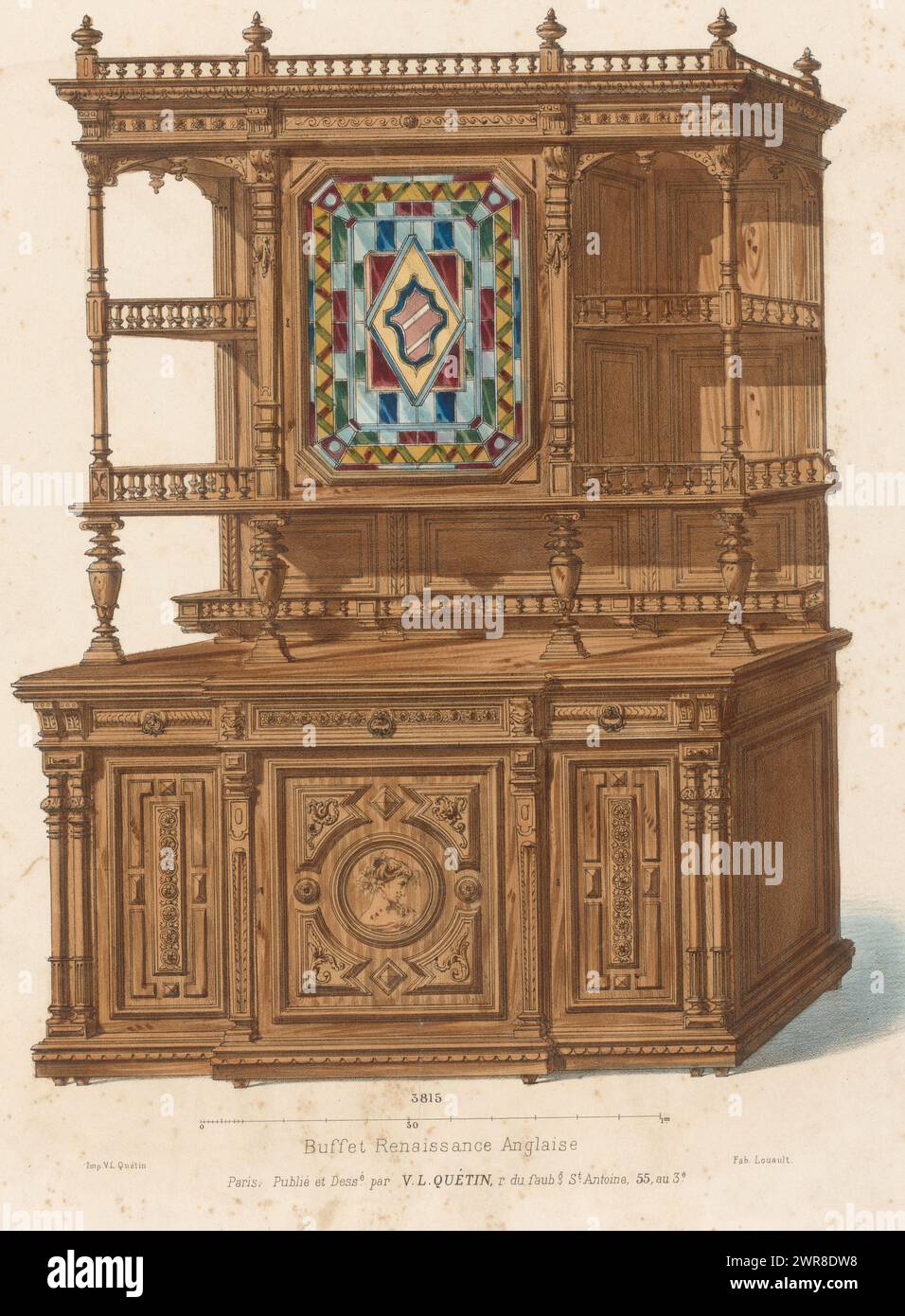 Sideboard, Buffet Renaissance Anglaise (Titel auf Objekt), Le Magasin de Meubles (Titel auf Objekt), Ein Renaissance Sideboard. Druck aus 82. Livraison., Druckerei: Anonym, nach Entwurf: Victor Léon Michel Quétin, Drucker: Victor Léon Michel Quétin, Paris, 1878 - in oder nach 1904, Papier, Höhe 357 mm x Breite 275 mm, Druck Stockfoto