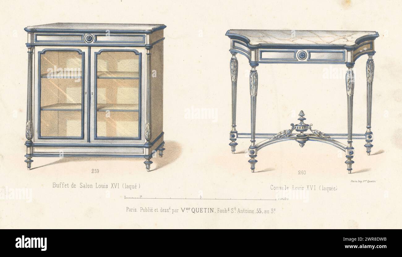 Sideboard und Konsolentisch Buffet de Salon Louis XVI (laqué) / Konsole Louis oben rechts S. 94., Druckerei: Anonym, nach Entwurf: Victor Joseph Quétin, Drucker: Victor Joseph Quétin, Paris, 1832 - 1877, Papier, Höhe 274 mm x Breite 359 mm, Druck Stockfoto