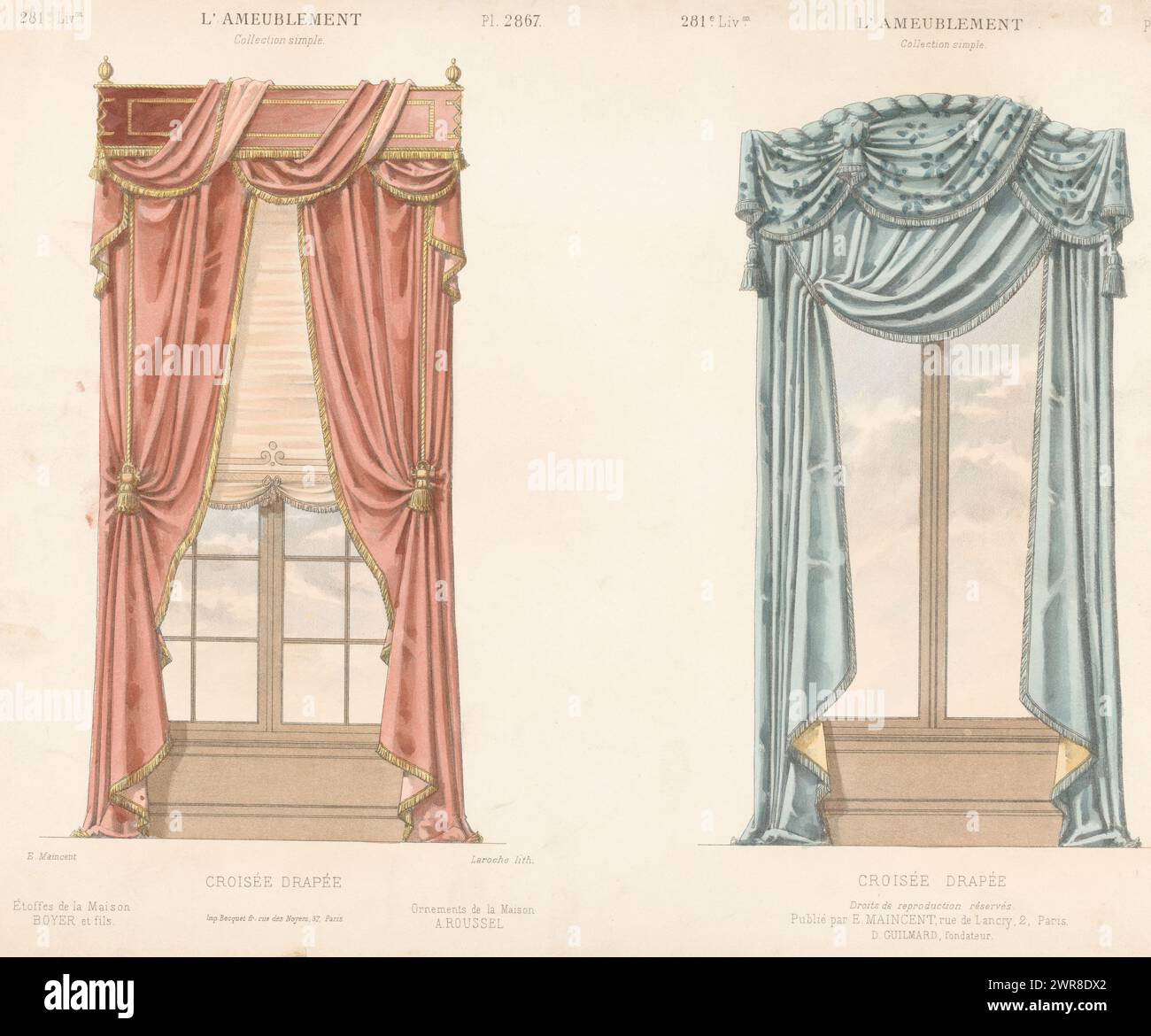 Zwei Fenster mit Vorhängen, Croisée Drapée (Titel auf Objekt), L'ameublement / Collection Simple (Serientitel), zwei Fenster mit Vorhängen. Druck aus dem 281. Livraison., Druckerei: Léon Laroche, Drucker: Becquet frères, Verlag: Eugène Maincent, Paris, 1885 - 1895, Papier, Höhe 272 mm x Breite 358 mm, bedruckt Stockfoto