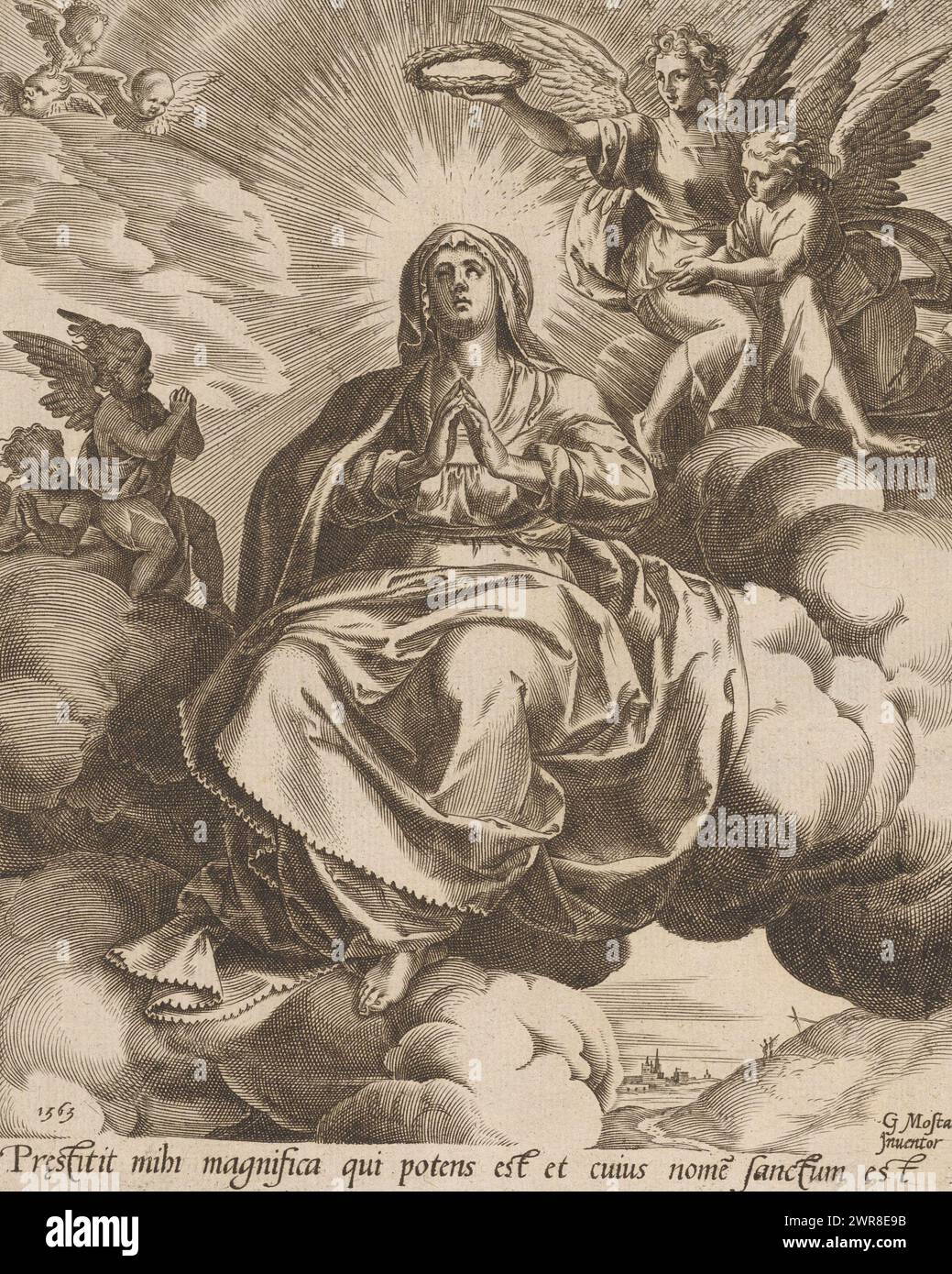 Coronation of Mary, dieser Druck ist Teil eines Albums., Druckerei: Cornelis Cort, nach Design von: Gillis Mostaert (I), 1563, Papier, Gravur, Höhe 208 mm x Breite 168 mm, Druck Stockfoto