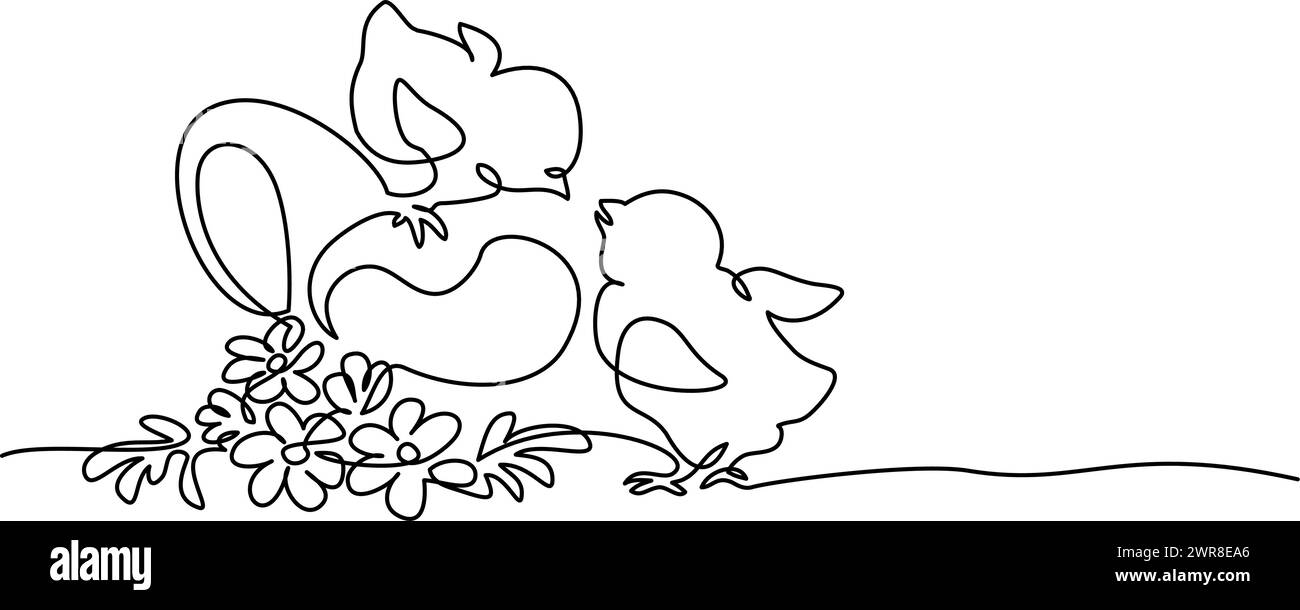 Frohe Osterfrühlingsdekoration. Ostereier, Küken und Blumen. Stock Vektor