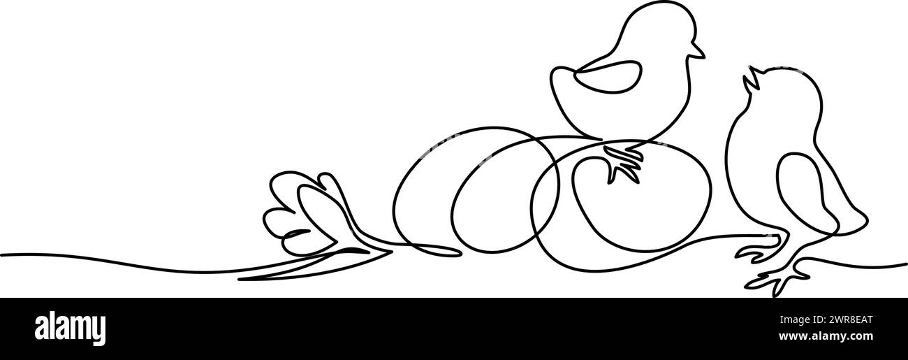 Frohe Osterfrühlingsdekoration. Ostereier, Küken und Blumen. Stock Vektor