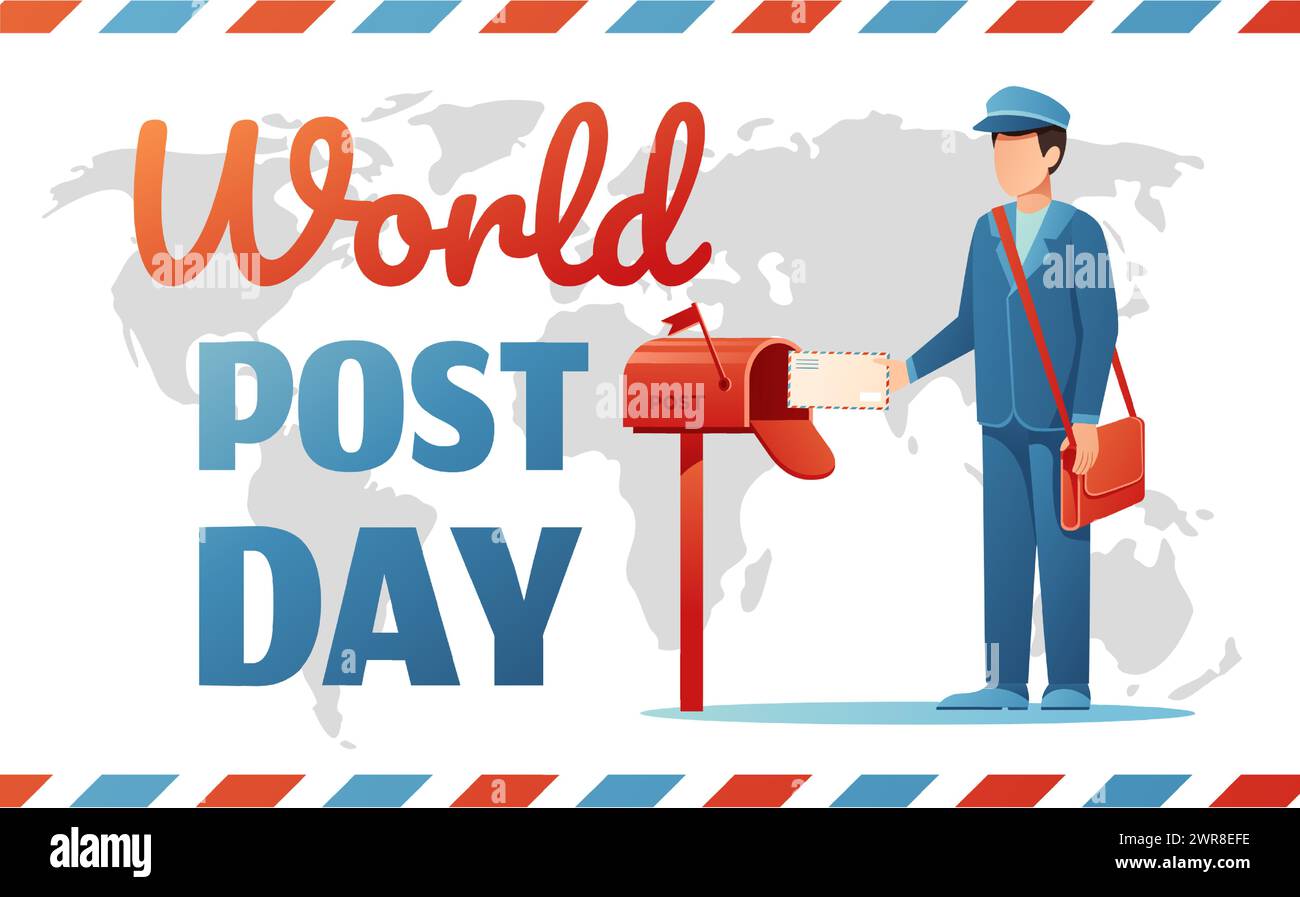 Gedenkkarte zum Weltposttag. Postkartendesign für Postdienstmitarbeiter Gratulationsvektorillustration Stock Vektor