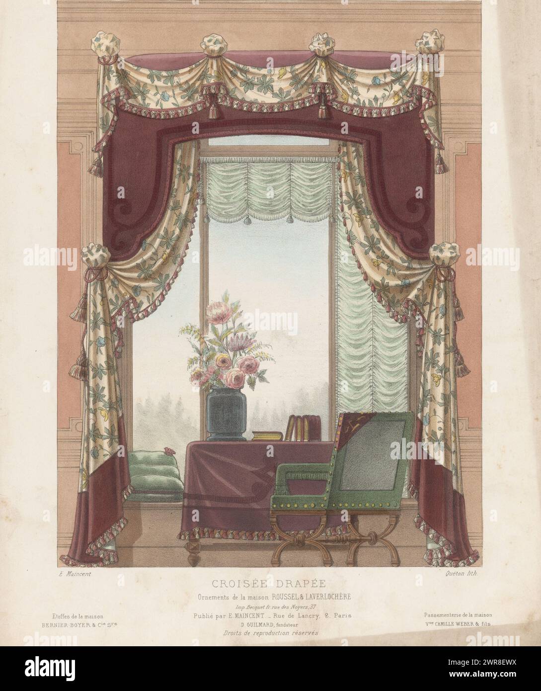 Fenster mit Vorhängen, Croisées Drapée (Titel auf Objekt), Le Garde-Meuble / Collection de Tentures (Serientitel auf Objekt), Kreuzfenster mit Möbeln und Vorhängen. Druck aus 307. Livraison., Druckerei: Quéton, nach Entwurf: Eugène Maincent, Drucker: Becquet, Paris, ca. 1885 - ca. 1895, Papier, Höhe 358 mm x Breite 274 mm, Druck Stockfoto