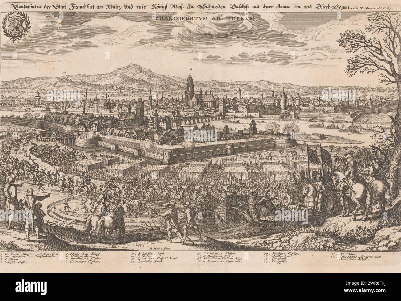 Blick auf Frankfurt am Main während der Eroberung durch Gustav II. Adolf von Schweden, 1631, Contrafactur der Statt Franckfurt am Main, und wie königl. Mai. Zu Schweden (...) / Francofurtum ad Moenum (Titel auf Objekt), oben links das Stadtwappen., Druckerei: Matthäus Merian (I), Frankfurt, 1631 - 1650, Papier, Ätzen, Gravur, Höhe 210 mm x Breite 320 mm, bedruckt Stockfoto