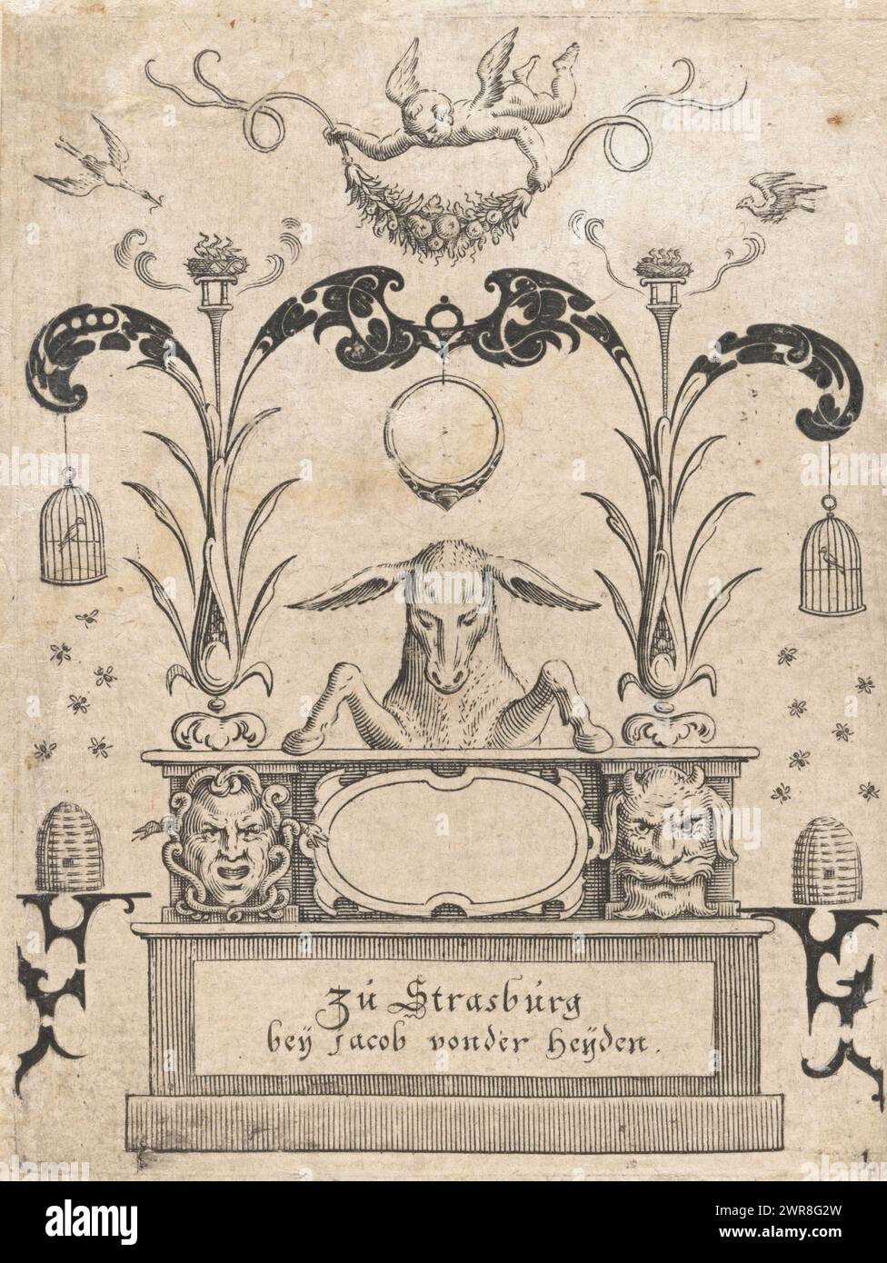 Titeldruck von Serien von Schmuck und Schmuckschmuck, gespiegelte Kopie des Titeldrucks. Zwei Pflanzen mit hohen Stängeln umrahmen das ganze, mit zwei Vogelkäfigen und einem Ring. An der Spitze hält ein Cherub eine Girlande mit Früchten, links und rechts einen Vogel. In der Mitte lehnt sich eine Ziege auf eine Basis, die eine leere Kartusche enthält, flankiert von zwei Masken und einem Text darunter. In den unteren Ecken befinden sich vier schwarze Motive, auf denen zwei Bienenstock platziert sind., Druckerei: Jacob von der Heijden, Verlag: Jacob von der Heijden, Druckerei: Jean Toutin, (Kopie danach) Stockfoto