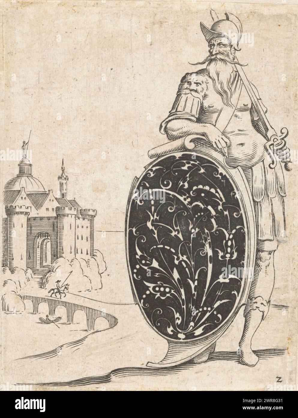 Goldschmiedestrauß im Wappen, gespiegelte Kopie. Auf der rechten Seite ein gekrönter König mit einem Wappen, das mit einem Goldschmiedestrauß im „Cosses de pois“-Stil verziert ist. Schloss links., Druckerei: Jacob von der Heijden, Verlag: Jacob von der Heijden, Druckerei: Jean Toutin, (Kopie danach), Straatsburg (Frankrijk), nach 1619, Papier, Gravur, Höhe 106 mm x Breite 83 mm, bedruckt Stockfoto