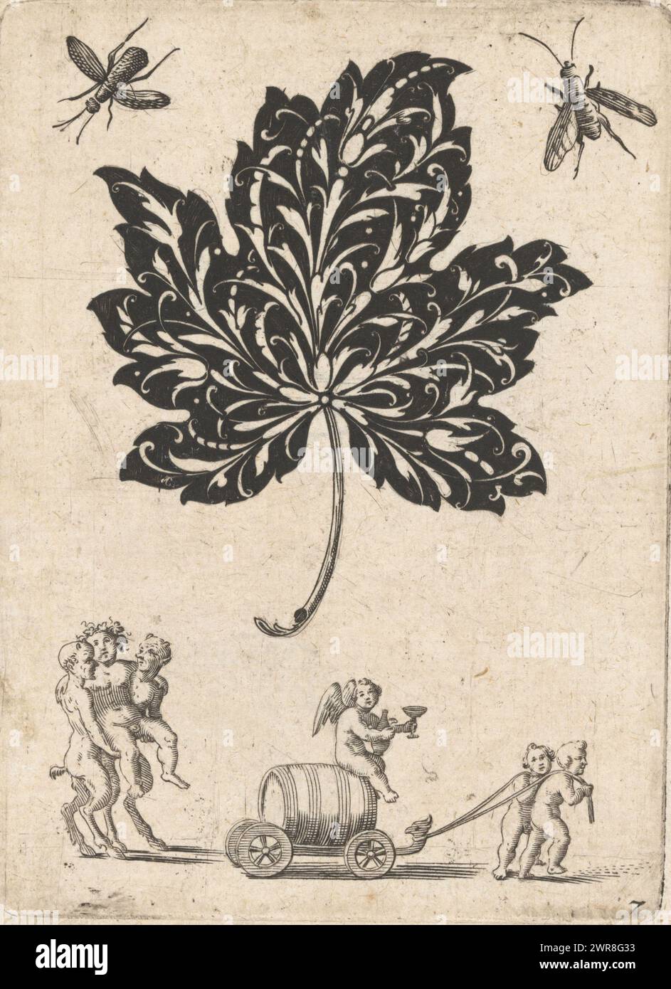 Goldschmiedestrauß in Form eines großen Blattes, gespiegelte Kopie eines großen Blattes, verziert mit einem Goldschmiedestrauß im „Cosses de pois“-Stil. Darüber zwei Insekten und darunter ein Triumph von Bacchus., Druckerei: Jacob von der Heijden, Verlag: Jacob von der Heijden, Druckerei: Jean Toutin, (Kopie danach), Straatsburg (Frankrijk), nach 1619, Papier, Gravur, Höhe 110 mm x Breite 81 mm, bedruckt Stockfoto