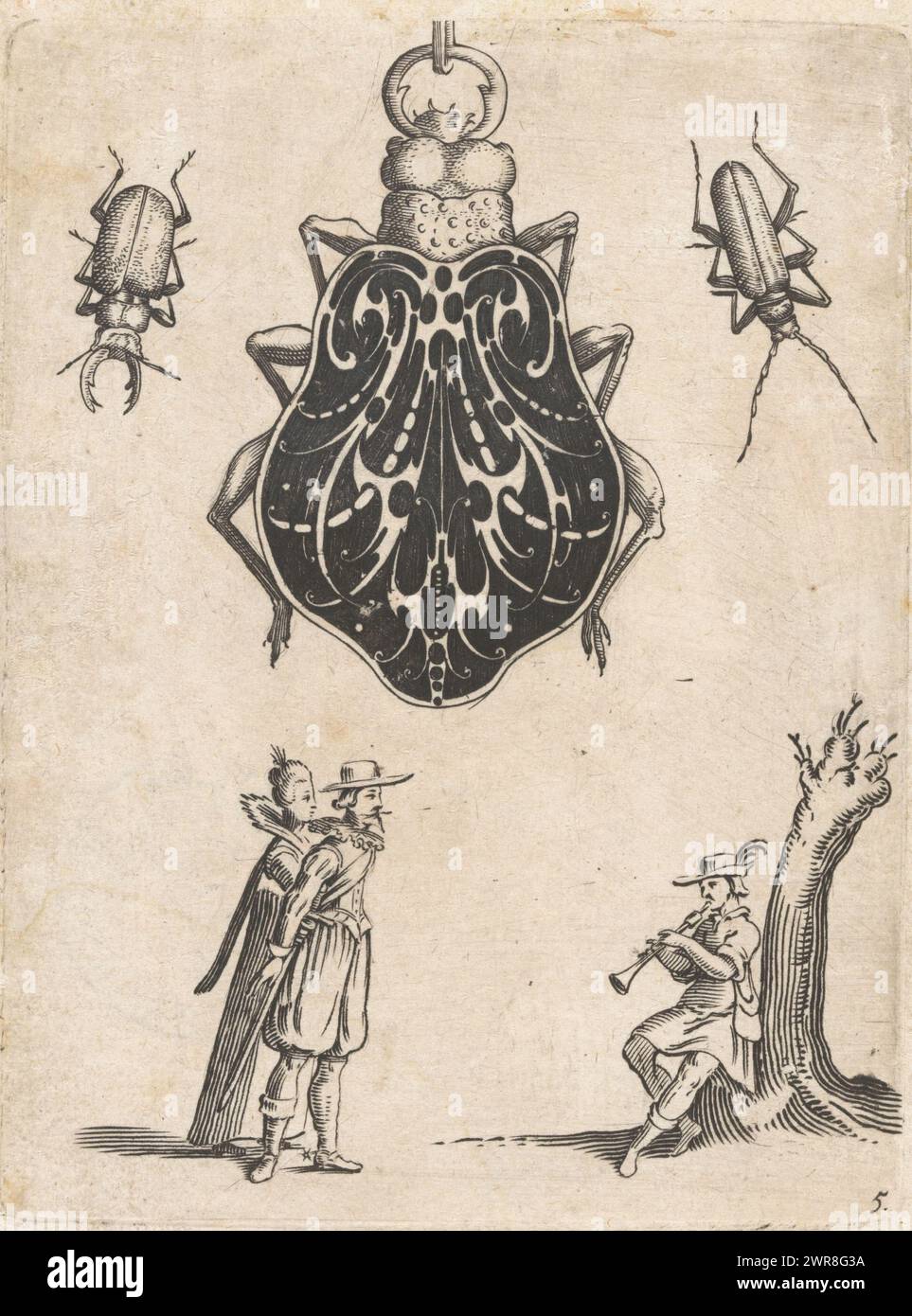 Goldschmiedestrauß in Form eines Scarabs, Spiegelkopie eines Juwels in Form eines Scarabs, verziert mit einem Goldschmiedestrauß mit geschnitzten Blättern im „Cosses de pois“-Stil. Oben links ein Käfer und rechts ein Heuschrecken. Unten hört ein elegantes Paar einem Flötisten zu, der rechts an einem Baum sitzt., Druckerei: Jacob von der Heijden, Verlag: Jacob von der Heijden, Druckerei: Jean Toutin, (Kopie danach), Straatsburg (Frankrijk), nach 1619, Papier, Gravur, Höhe 110 mm x Breite 84 mm, bedruckt Stockfoto
